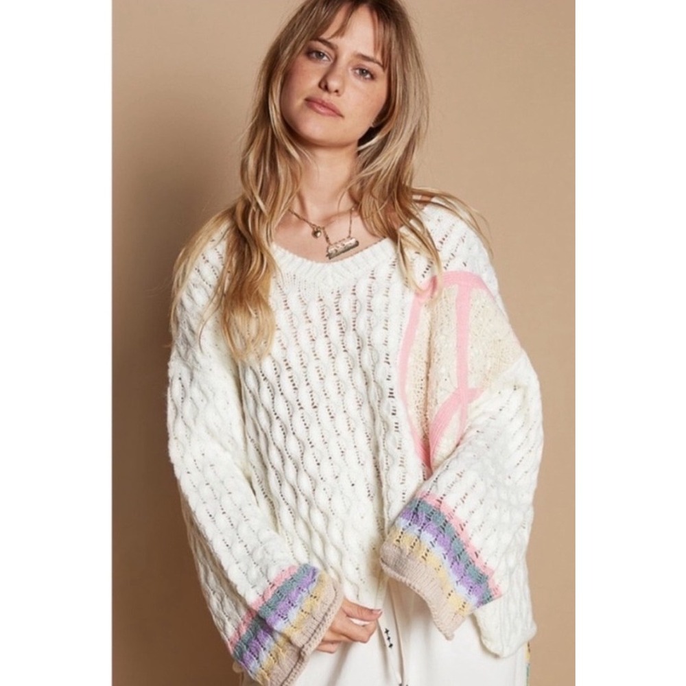 Anthropologie x POL Cream Cable Knit Peace Sign V Neck Oversized Sweater‎ Size L